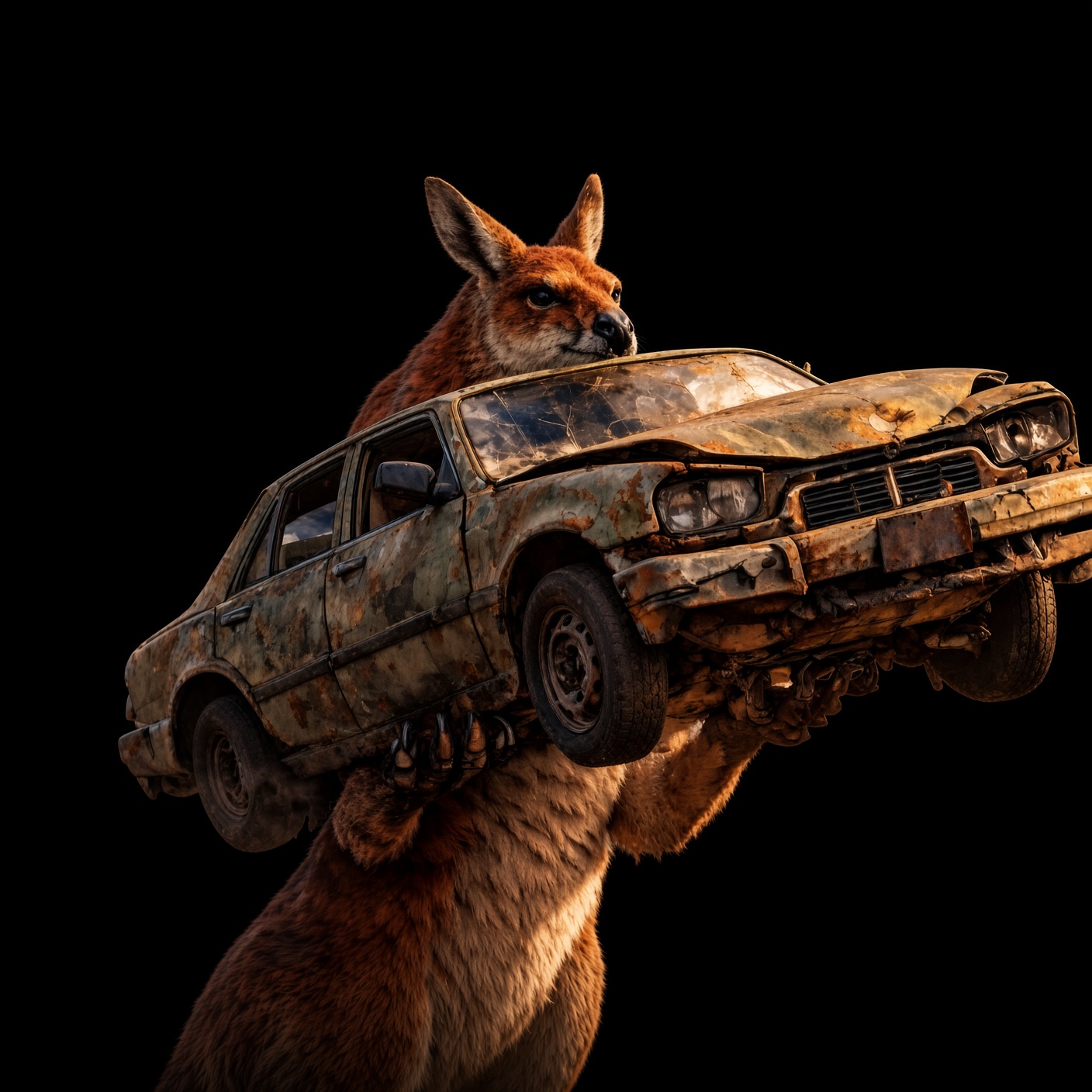 Joey the Kangaroo, cut out, lifting a wrecked sedan.